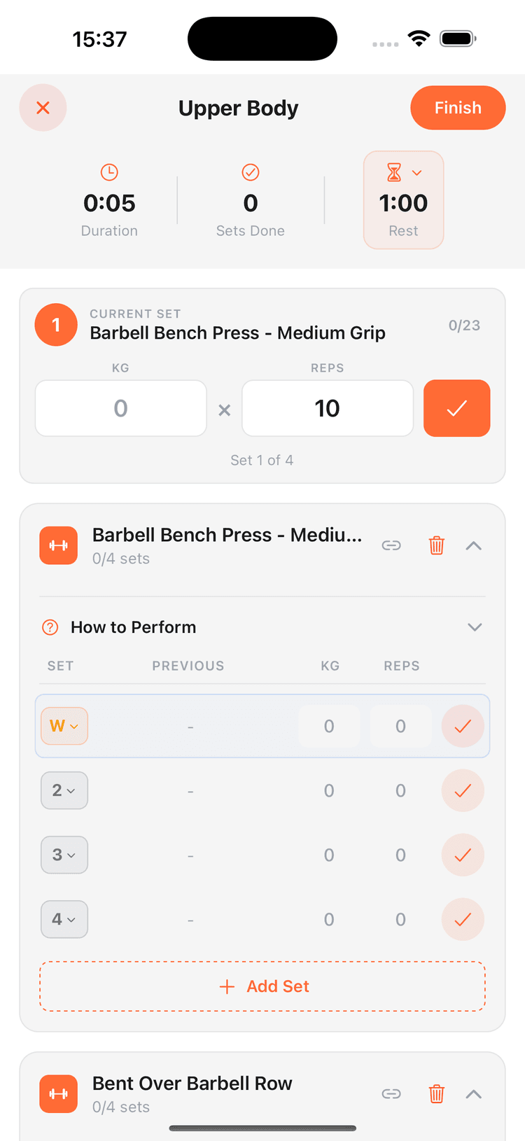 Kraft workout logging screen: an Upper Body session with prefilled sets for Barbell Bench Press